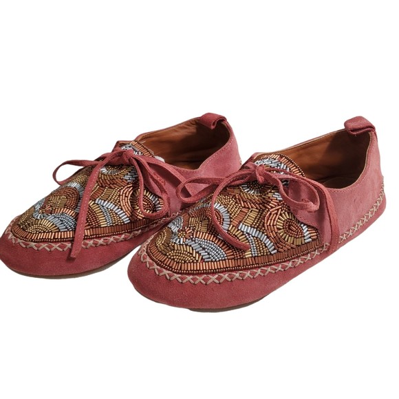 Free People 37 Llani Beaded Moccasins Pink Suede Leather Boho Flat Metallic - Picture 1 of 12